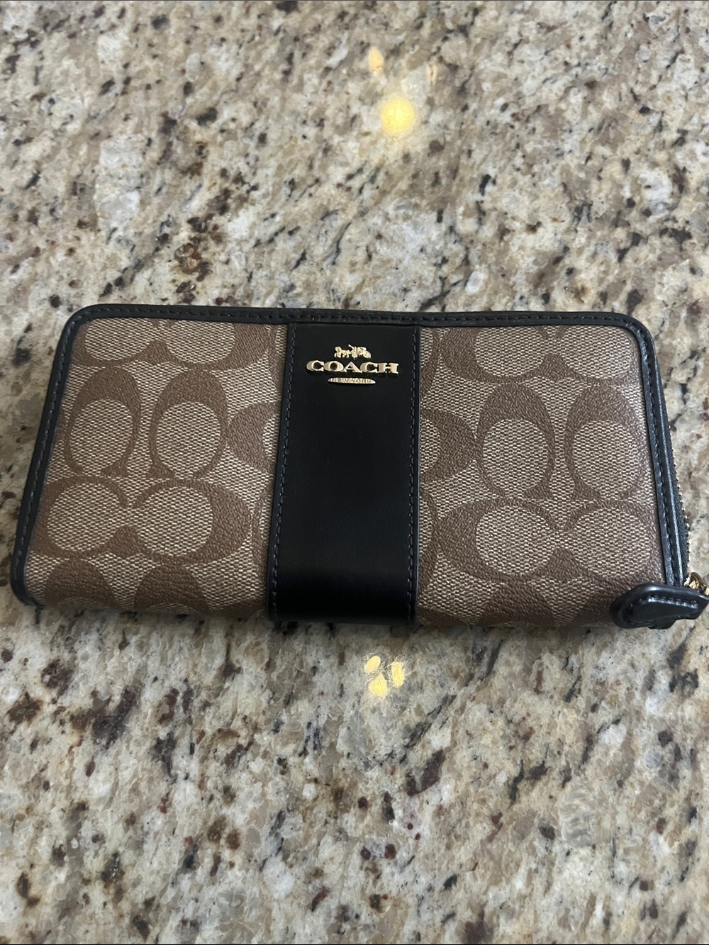 Coach Brown Signature Zip Wallet with Black Trim